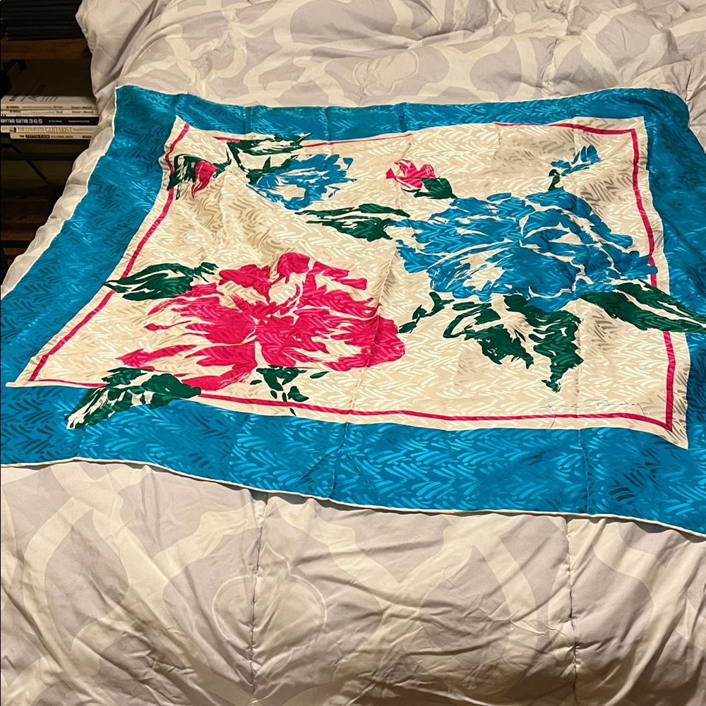 Floral Silk Scarf with Blue and Pink Accents